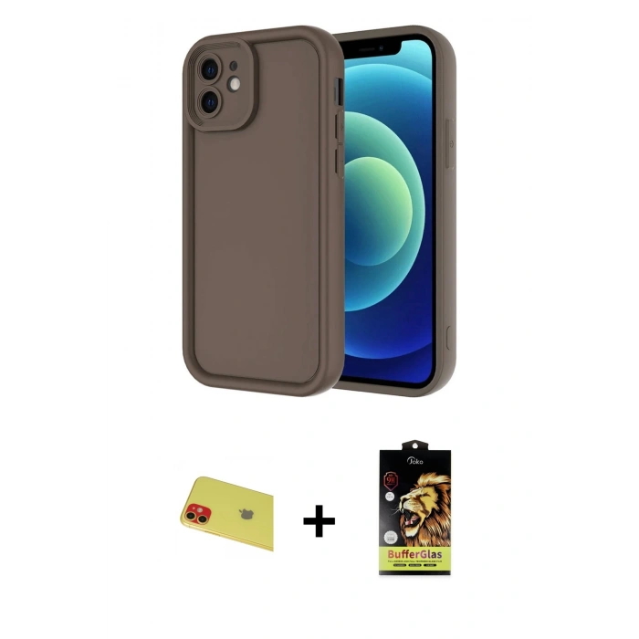 MARSİLYAN™- iPhone 11 Kılıf Yankı Yansıma Özel Seri - Siyah Buffer Cam Ekran Koruyucu + Rainbow Kamera Lens Koruma Cam - KI