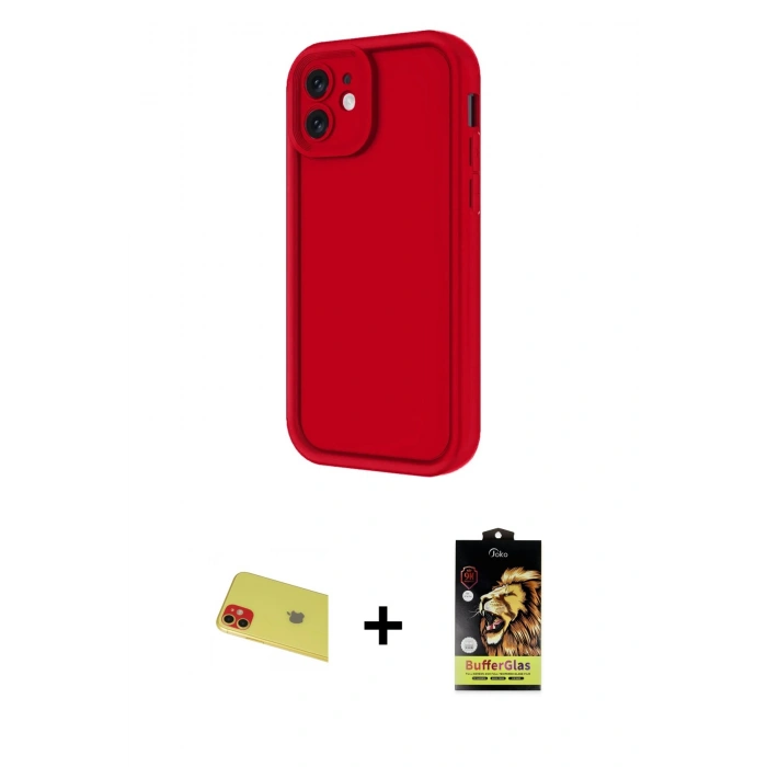 MARSİLYAN™- iPhone 11 Kılıf Yankı Yansıma Özel Seri - Siyah Buffer Cam Ekran Koruyucu + Rainbow Kamera Lens Koruma Cam - KI