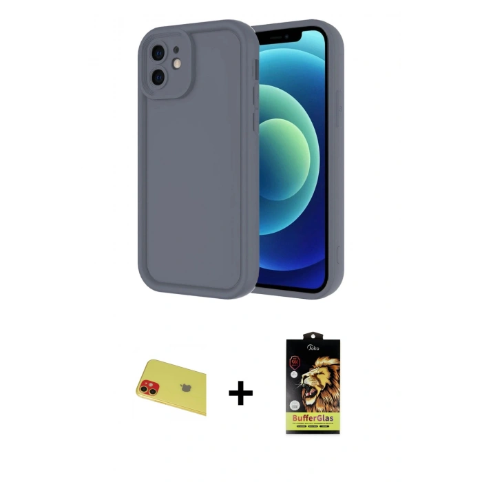 MARSİLYAN™- iPhone 11 Kılıf Yankı Yansıma Özel Seri - Siyah Buffer Cam Ekran Koruyucu + Rainbow Kamera Lens Koruma Cam - KI