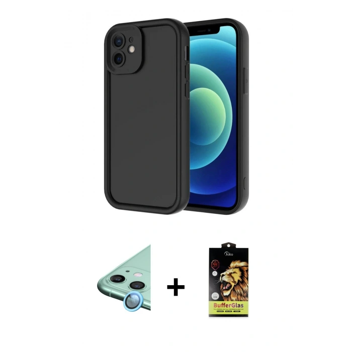 MARSİLYAN™- iPhone 11 Kılıf Yankı Yansıma Özel Seri - Siyah Buffer Cam Ekran Koruyucu + Raze Metal Kamera Lens - MI