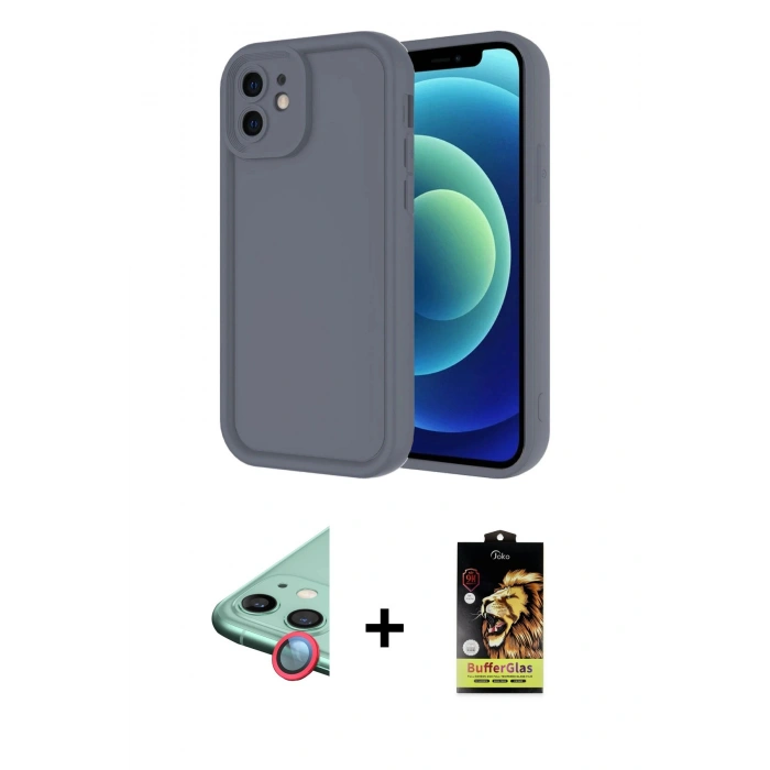 MARSİLYAN™- iPhone 11 Kılıf Yankı Yansıma Özel Seri - Siyah Buffer Cam Ekran Koruyucu + Raze Metal Kamera Lens - KI