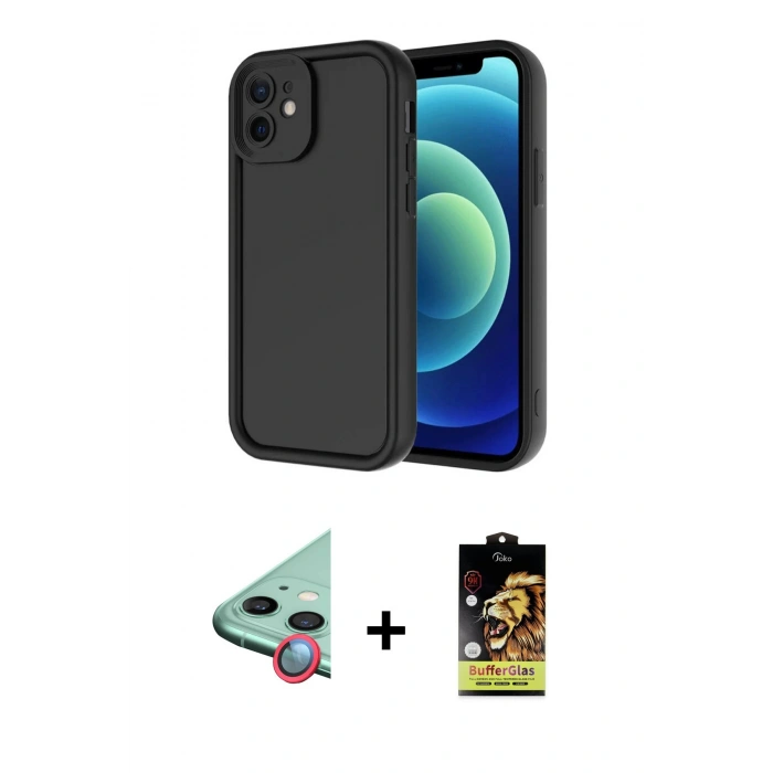 MARSİLYAN™- iPhone 11 Kılıf Yankı Yansıma Özel Seri - Siyah Buffer Cam Ekran Koruyucu + Raze Metal Kamera Lens - KI