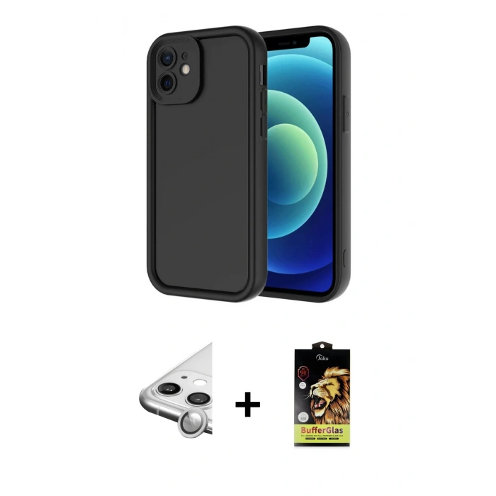 MARSİLYAN™- iPhone 11 Kılıf Yankı Yansıma Özel Seri - Siyah Buffer Cam Ekran Koruyucu + Raze Metal Kamera Lens - GS