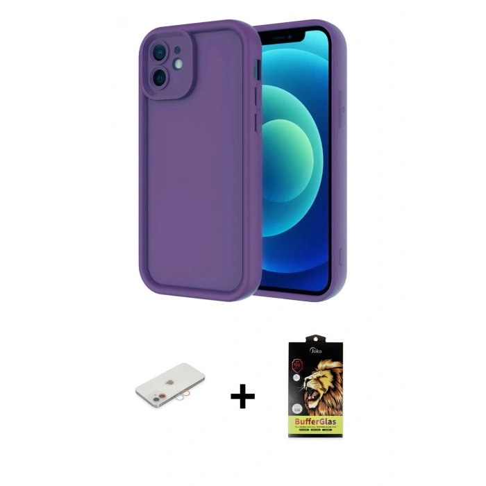 MARSİLYAN™- iPhone 11 Kılıf Yankı Yansıma Özel Seri - Siyah Buffer Cam Ekran Koruyucu + Renkli Kamera Lens Koruma Cam - PE