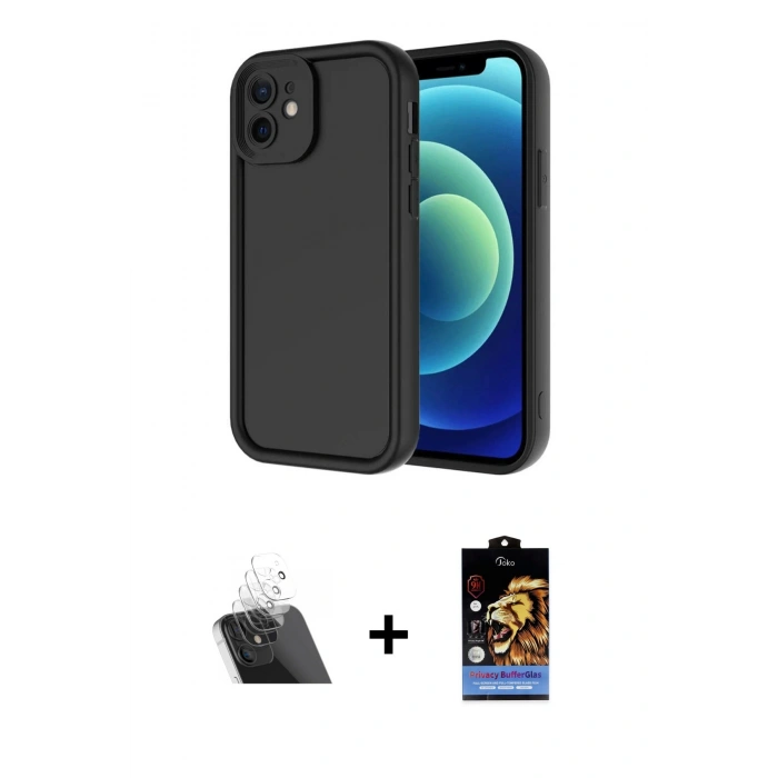 MARSİLYAN™- iPhone 11 Kılıf Yankı Yansıma Özel Seri - Siyah Buffer Hayalet Cam Ekran Koruyucu + Kamera Lens Koruma Cam - SF