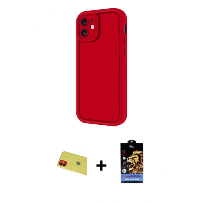 MARSİLYAN™- iPhone 11 Kılıf Yankı Yansıma Özel Seri - Siyah Buffer Hayalet Cam Ekran Koruyucu + Kırmızı Rainbow Kamera Lens Koruma Cam