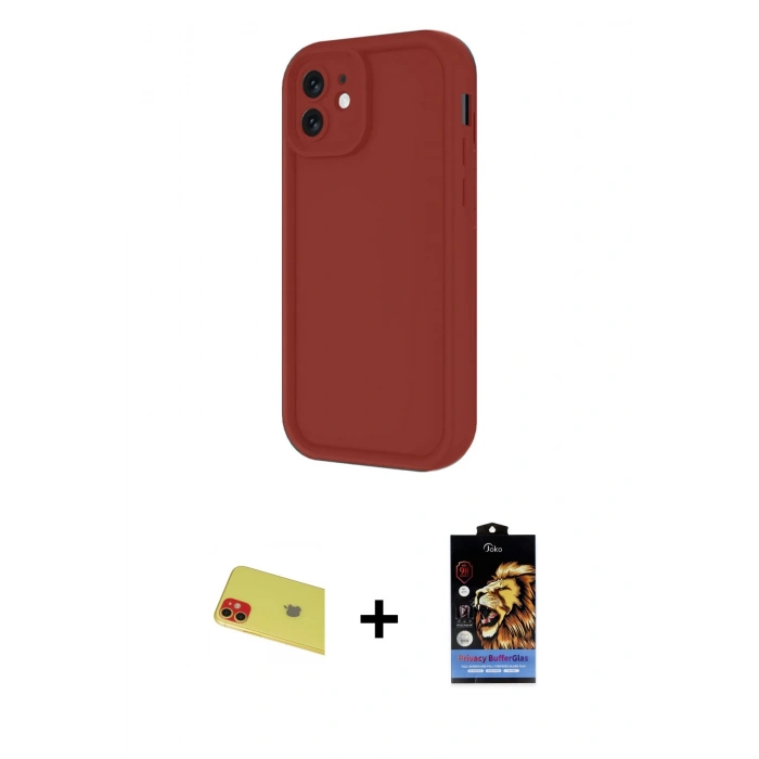 MARSİLYAN™- iPhone 11 Kılıf Yankı Yansıma Özel Seri - Siyah Buffer Hayalet Cam Ekran Koruyucu + Kırmızı Rainbow Kamera Lens Koruma Cam