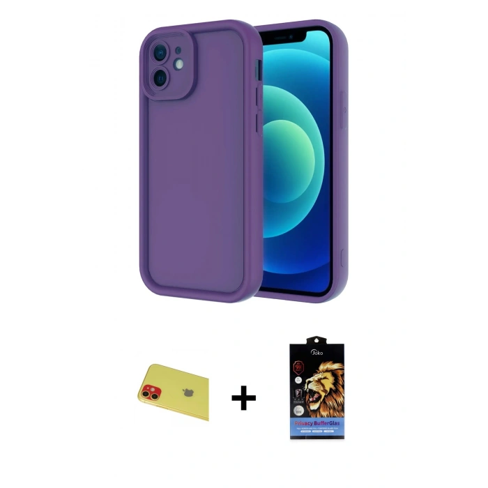 MARSİLYAN™- iPhone 11 Kılıf Yankı Yansıma Özel Seri - Siyah Buffer Hayalet Cam Ekran Koruyucu + Kırmızı Rainbow Kamera Lens Koruma Cam