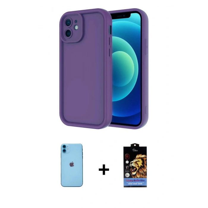 MARSİLYAN™- iPhone 11 Kılıf Yankı Yansıma Özel Seri - Siyah Buffer Hayalet Cam Ekran Koruyucu + Mavi Neon Fosforlu Kamera Lens