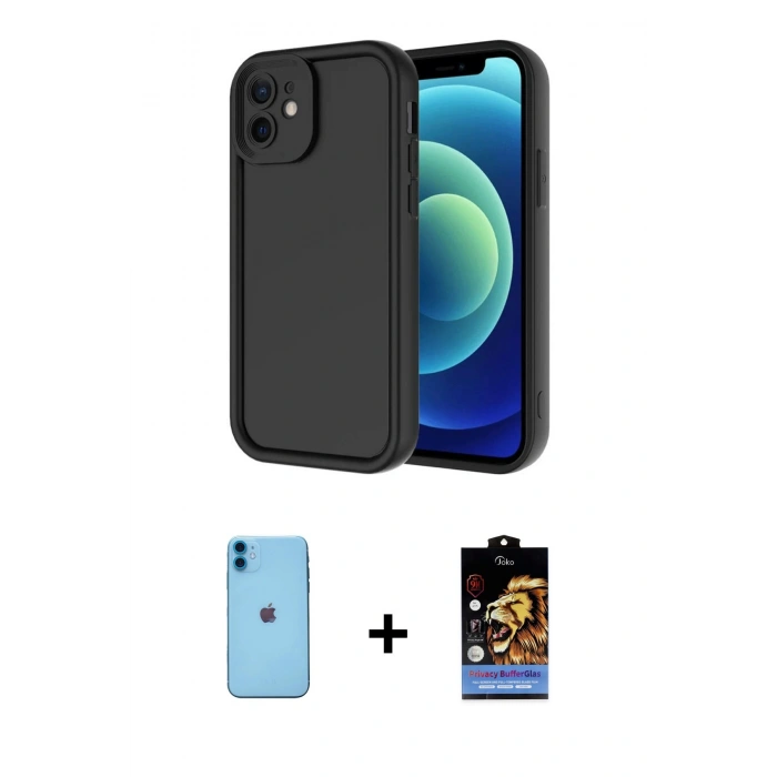 MARSİLYAN™- iPhone 11 Kılıf Yankı Yansıma Özel Seri - Siyah Buffer Hayalet Cam Ekran Koruyucu + Mavi Neon Fosforlu Kamera Lens