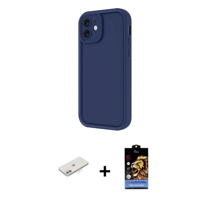 MARSİLYAN™- iPhone 11 Kılıf Yankı Yansıma Özel Seri - Siyah Buffer Hayalet Cam Ekran Koruyucu + Renkli Kamera Lens Koruma Cam - PE
