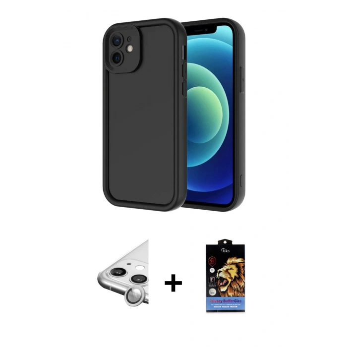 MARSİLYAN™- iPhone 11 Kılıf Yankı Yansıma Özel Seri - Siyah Buffer Hayalet Cam Ekran Koruyucu + Raze Metal Kamera Lens - GS