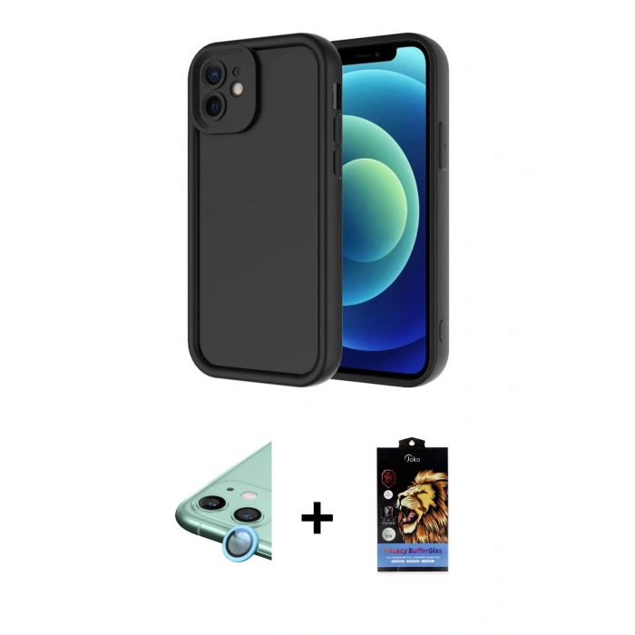 MARSİLYAN™- iPhone 11 Kılıf Yankı Yansıma Özel Seri - Siyah Buffer Hayalet Cam Ekran Koruyucu + Raze Metal Kamera Lens - MI