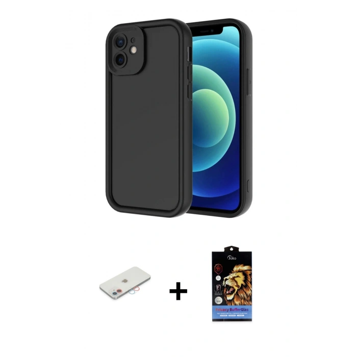 MARSİLYAN™- iPhone 11 Kılıf Yankı Yansıma Özel Seri - Siyah Buffer Hayalet Cam Ekran Koruyucu + Renkli Kamera Lens Koruma Cam - PE