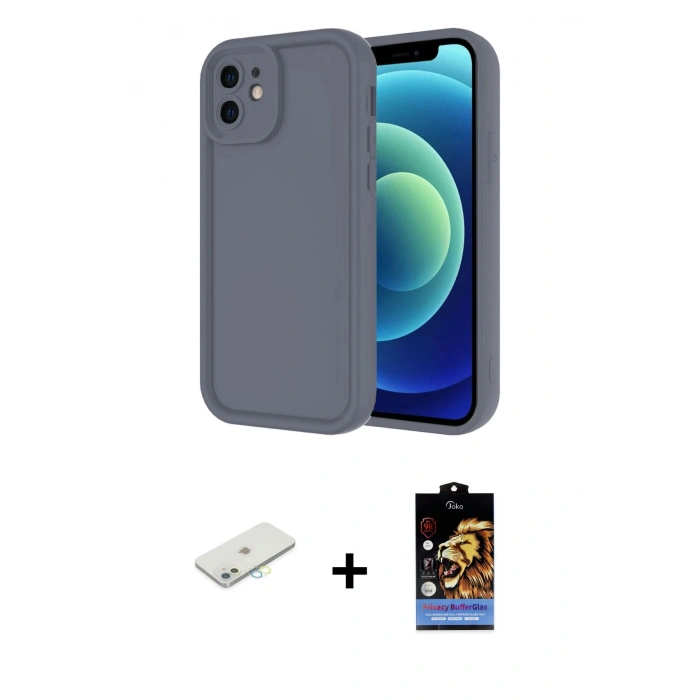 MARSİLYAN™- iPhone 11 Kılıf Yankı Yansıma Özel Seri - Siyah Buffer Hayalet Cam Ekran Koruyucu + Sarı Renkli Kamera Lens Koruma Cam
