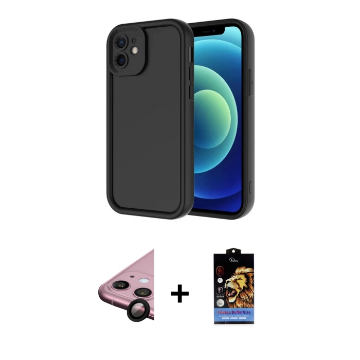 MARSİLYAN™- iPhone 11 Kılıf Yankı Yansıma Özel Seri - Siyah Buffer Hayalet Cam Ekran Koruyucu + Raze Metal Kamera Lens - SH