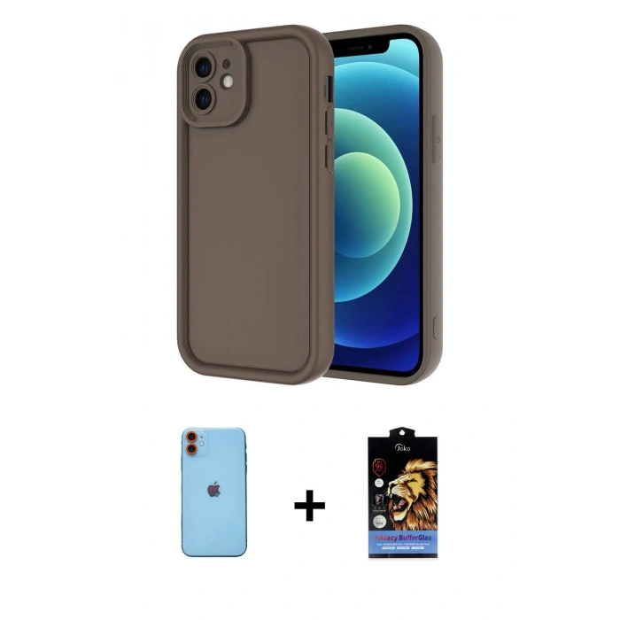 MARSİLYAN™- iPhone 11 Kılıf Yankı Yansıma Özel Seri - Siyah Buffer Hayalet Cam Ekran Koruyucu + Turuncu Neon Fosforlu Kamera Lens