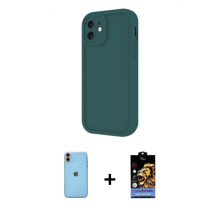 MARSİLYAN™- iPhone 11 Kılıf Yankı Yansıma Özel Seri - Siyah Buffer Hayalet Cam Ekran Koruyucu + Turuncu Neon Fosforlu Kamera Lens