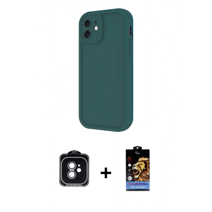 MARSİLYAN™- iPhone 11 Kılıf Yankı Yansıma Özel Seri - Siyah Buffer Hayalet Cam Ekran Koruyucu + Yeşil PVD Metal Kamera Lens