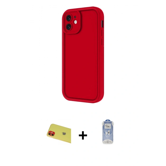 MARSİLYAN™- iPhone 11 Kılıf Yankı Yansıma Özel Seri - Siyah Joko Magic 5D Cam + Kırmızı Rainbow Kamera Lens Koruma Cam