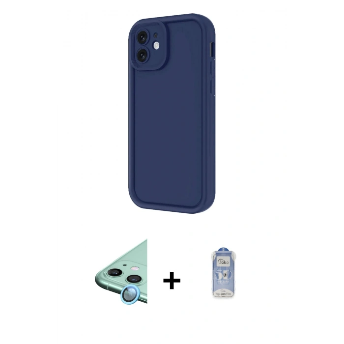 MARSİLYAN™- iPhone 11 Kılıf Yankı Yansıma Özel Seri - Siyah Joko Magic 5D Cam + Mavi Raze Metal Kamera Lens