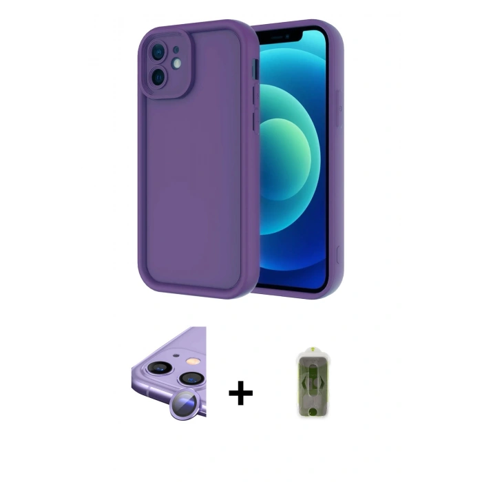 MARSİLYAN™- iPhone 11 Kılıf Yankı Yansıma Özel Seri - Siyah Joko Magic 5D Hayalet Cam + Mor Raze Metal Kamera Lens