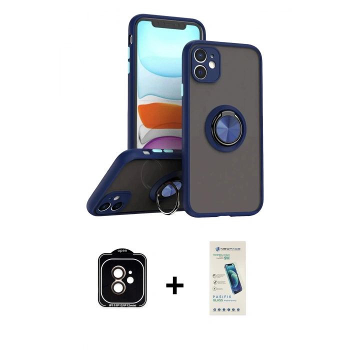 MARSİLYAN™- iPhone 11 Kılıf Yörünge Çizgi - Şeffaf Pasifik Cam Ekran Koruyucu + PVD Metal Kamera Lens - TU