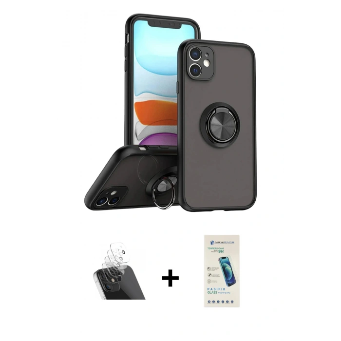 MARSİLYAN™- iPhone 11 Kılıf Yörünge Çizgi - Şeffaf Pasifik Cam Ekran Koruyucu + Kamera Lens Koruma Cam - SF