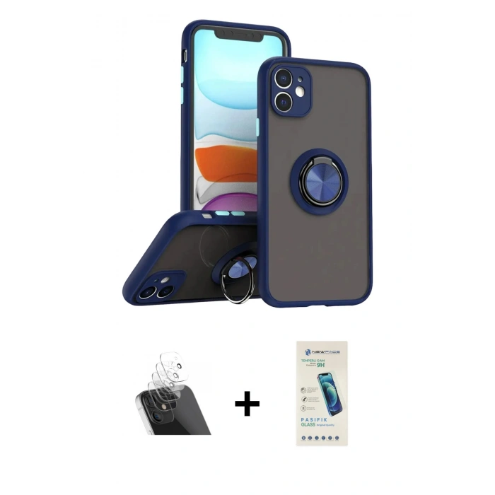 MARSİLYAN™- iPhone 11 Kılıf Yörünge Çizgi - Şeffaf Pasifik Cam Ekran Koruyucu + Kamera Lens Koruma Cam - SF