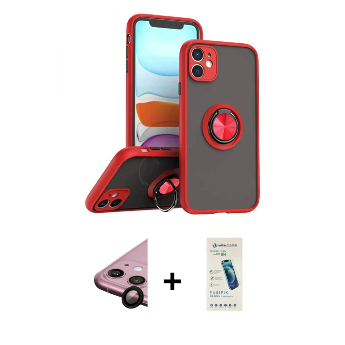 MARSİLYAN™- iPhone 11 Kılıf Yörünge Çizgi - Şeffaf Pasifik Cam Ekran Koruyucu + Raze Metal Kamera Lens - SH