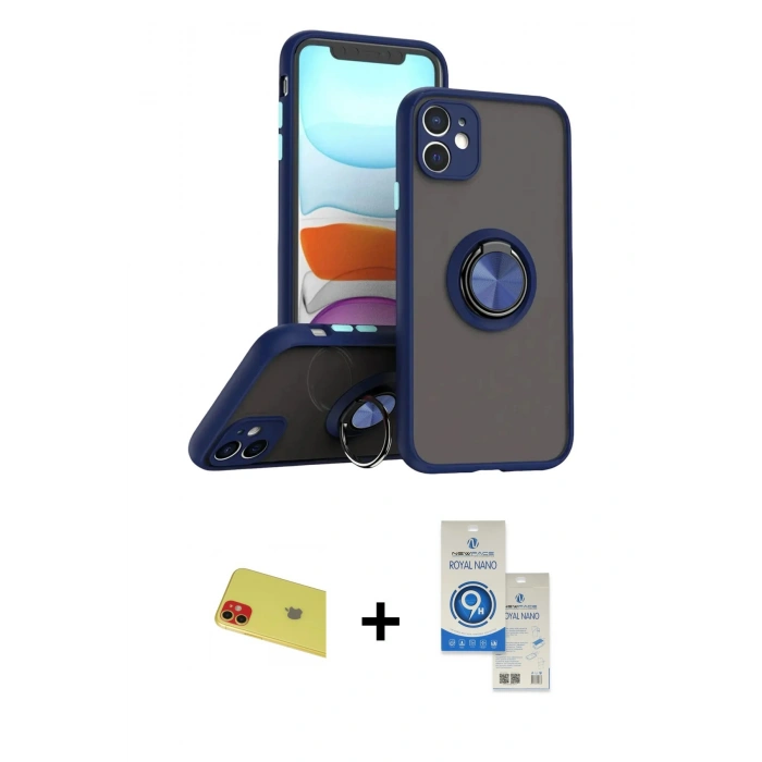 MARSİLYAN™- iPhone 11 Kılıf Yörünge Çizgi - Şeffaf Royal Nano Ekran Koruyucu + Rainbow Kamera Lens Koruma Cam - KI