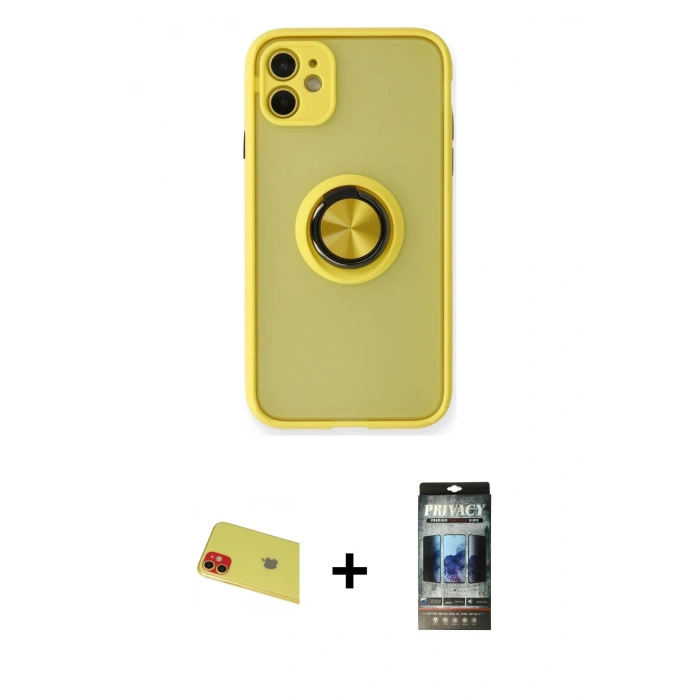 MARSİLYAN™- iPhone 11 Kılıf Yörünge Çizgi - Siyah 34D Hayalet Izgaralı Cam + Rainbow Kamera Lens Koruma Cam - KI