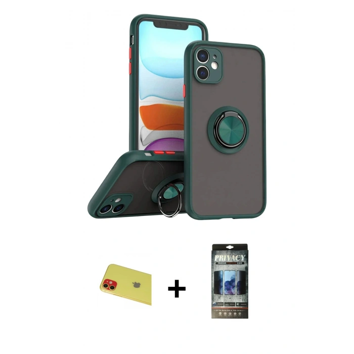 MARSİLYAN™- iPhone 11 Kılıf Yörünge Çizgi - Siyah 34D Hayalet Izgaralı Cam + Rainbow Kamera Lens Koruma Cam - KI
