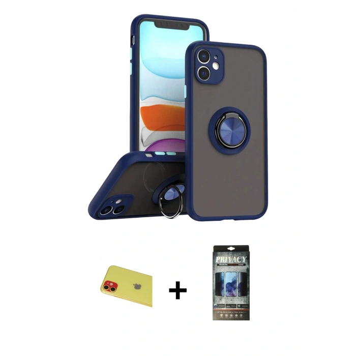 MARSİLYAN™- iPhone 11 Kılıf Yörünge Çizgi - Siyah 34D Hayalet Izgaralı Cam + Rainbow Kamera Lens Koruma Cam - KI