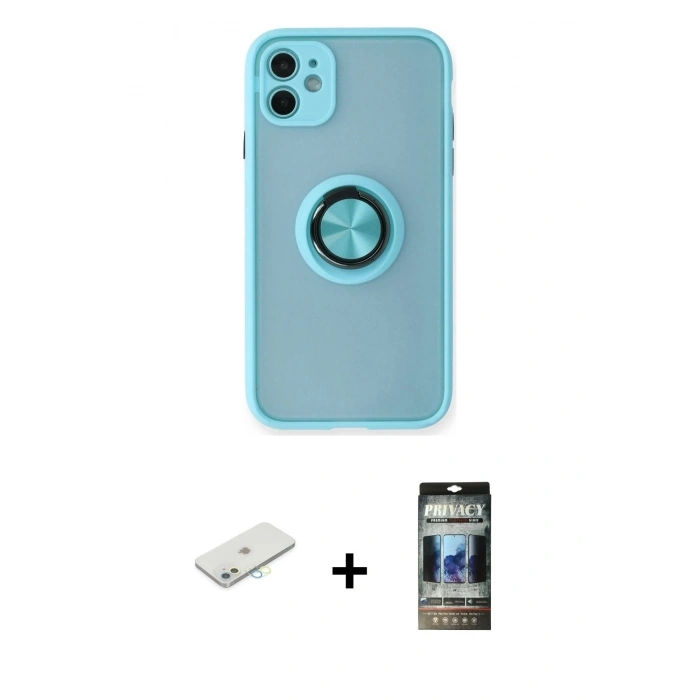 MARSİLYAN™- iPhone 11 Kılıf Yörünge Çizgi - Siyah 34D Hayalet Izgaralı Cam + Renkli Kamera Lens Koruma Cam - SI