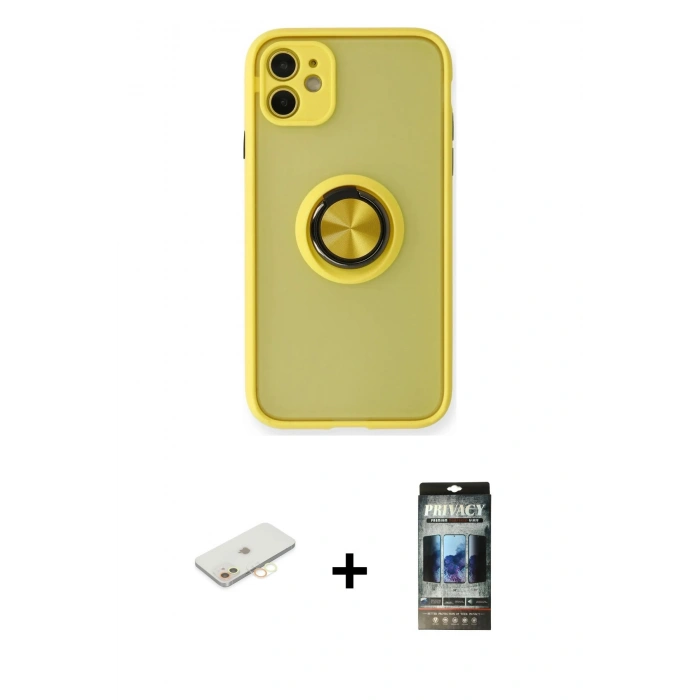 MARSİLYAN™- iPhone 11 Kılıf Yörünge Çizgi - Siyah 34D Hayalet Izgaralı Cam + Renkli Kamera Lens Koruma Cam - SI