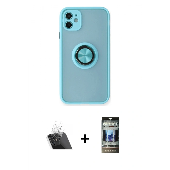 MARSİLYAN™- iPhone 11 Kılıf Yörünge Çizgi - Siyah 34D Hayalet Izgaralı Cam + Kamera Lens Koruma Cam - SF