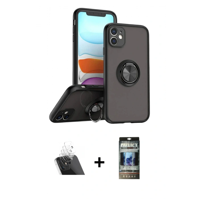 MARSİLYAN™- iPhone 11 Kılıf Yörünge Çizgi - Siyah 34D Hayalet Izgaralı Cam + Kamera Lens Koruma Cam - SF