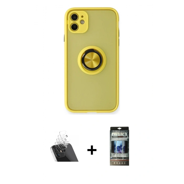 MARSİLYAN™- iPhone 11 Kılıf Yörünge Çizgi - Siyah 34D Hayalet Izgaralı Cam + Kamera Lens Koruma Cam - SF