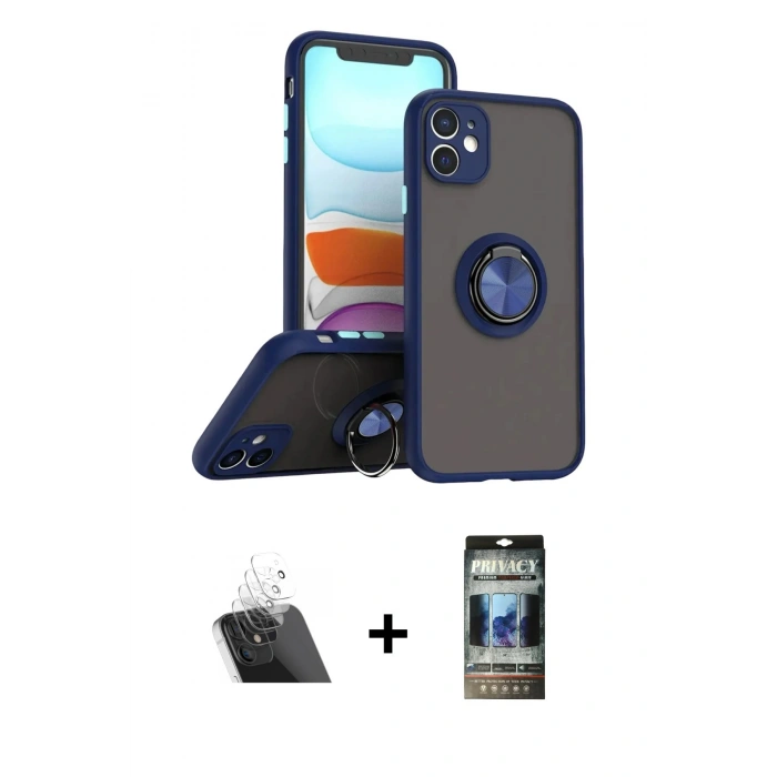 MARSİLYAN™- iPhone 11 Kılıf Yörünge Çizgi - Siyah 34D Hayalet Izgaralı Cam + Kamera Lens Koruma Cam - SF