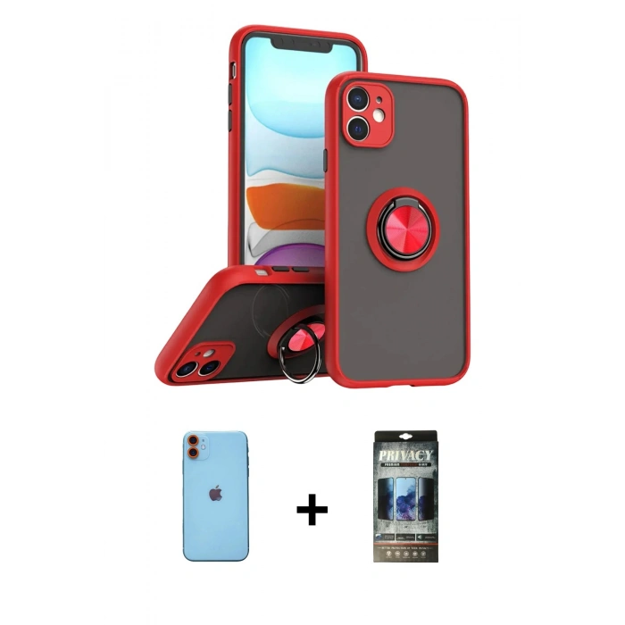 MARSİLYAN™- iPhone 11 Kılıf Yörünge Çizgi - Siyah 34D Hayalet Izgaralı Cam + Neon Fosforlu Kamera Lens - TU