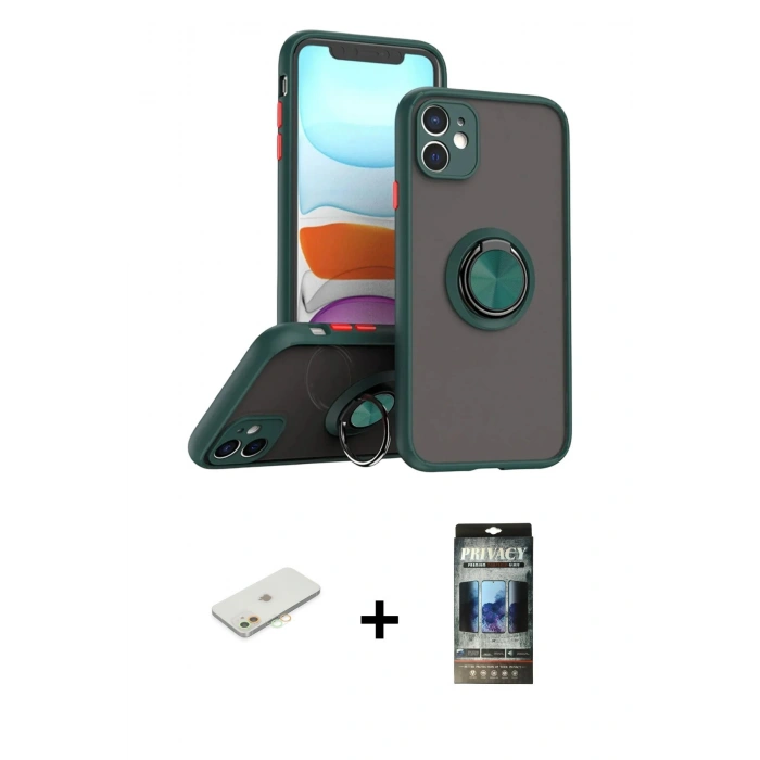 MARSİLYAN™- iPhone 11 Kılıf Yörünge Çizgi - Siyah 34D Hayalet Izgaralı Cam + Renkli Kamera Lens Koruma Cam - TU