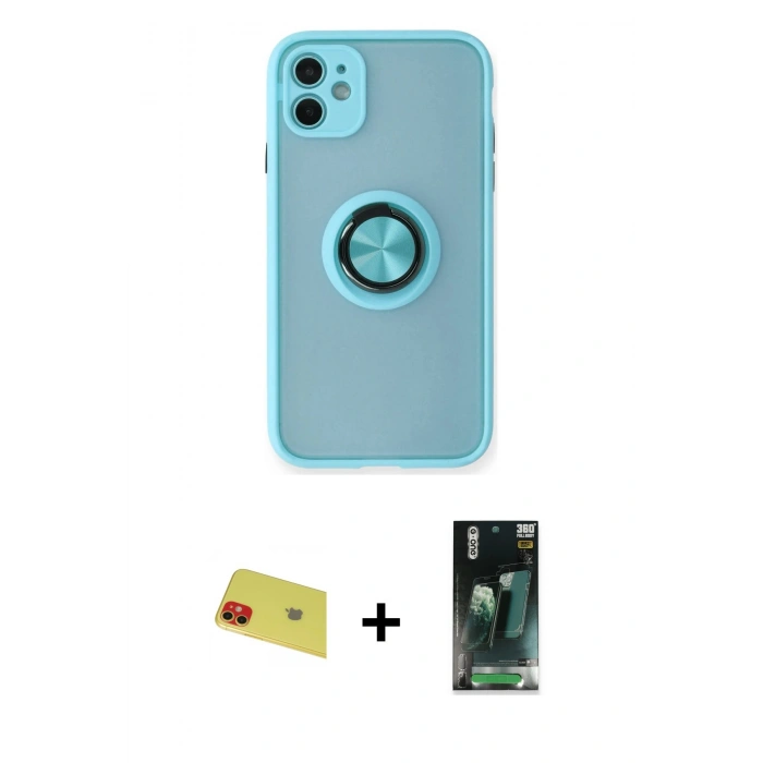 MARSİLYAN™- iPhone 11 Kılıf Yörünge Çizgi - Siyah 360 Mat Full Body Arka Koruyucu + Rainbow Kamera Lens Koruma Cam - KI