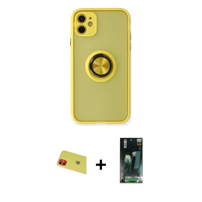MARSİLYAN™- iPhone 11 Kılıf Yörünge Çizgi - Siyah 360 Mat Full Body Arka Koruyucu + Rainbow Kamera Lens Koruma Cam - KI