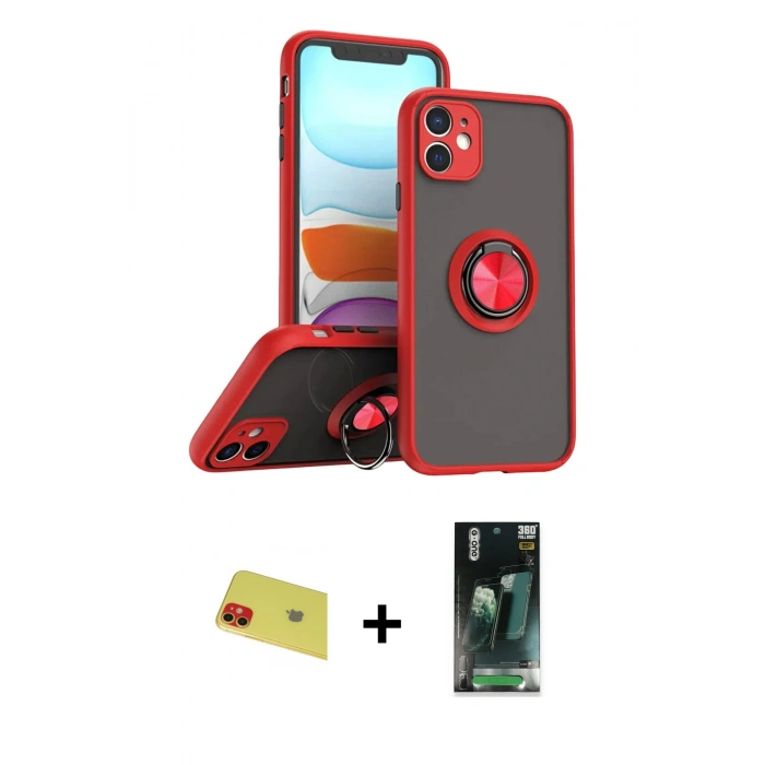 MARSİLYAN™- iPhone 11 Kılıf Yörünge Çizgi - Siyah 360 Mat Full Body Arka Koruyucu + Rainbow Kamera Lens Koruma Cam - KI