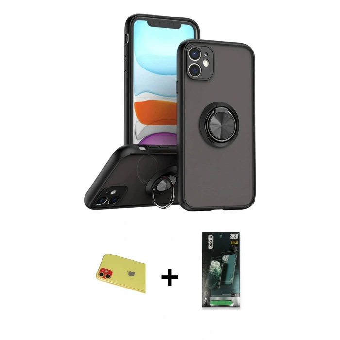 MARSİLYAN™- iPhone 11 Kılıf Yörünge Çizgi - Siyah 360 Mat Full Body Arka Koruyucu + Rainbow Kamera Lens Koruma Cam - KI