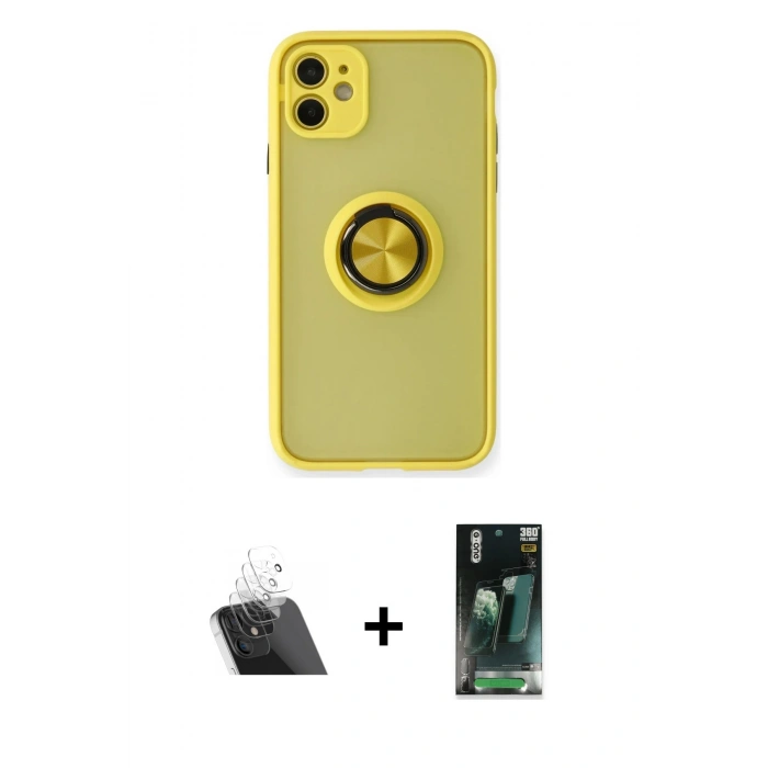 MARSİLYAN™- iPhone 11 Kılıf Yörünge Çizgi - Siyah 360 Mat Full Body Arka Koruyucu + Kamera Lens Koruma Cam - SF