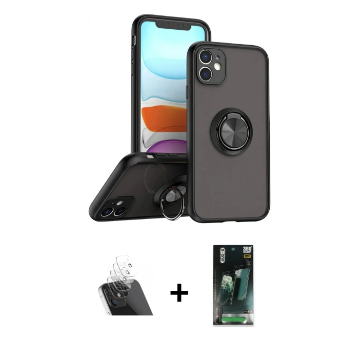 MARSİLYAN™- iPhone 11 Kılıf Yörünge Çizgi - Siyah 360 Mat Full Body Arka Koruyucu + Kamera Lens Koruma Cam - SF