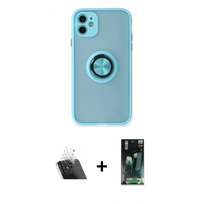 MARSİLYAN™- iPhone 11 Kılıf Yörünge Çizgi - Siyah 360 Mat Full Body Arka Koruyucu + Kamera Lens Koruma Cam - SF