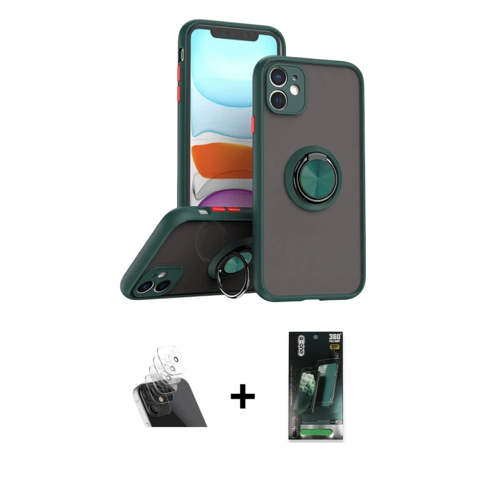 MARSİLYAN™- iPhone 11 Kılıf Yörünge Çizgi - Siyah 360 Mat Full Body Arka Koruyucu + Kamera Lens Koruma Cam - SF